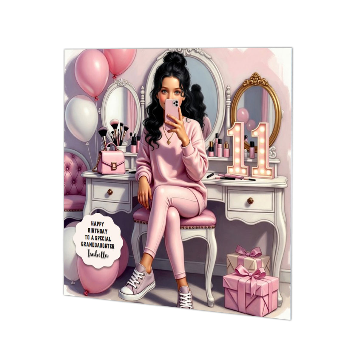 Personalised 11th Birthday Card - Girl Using a Phone at a Dressing Table - Black Hair