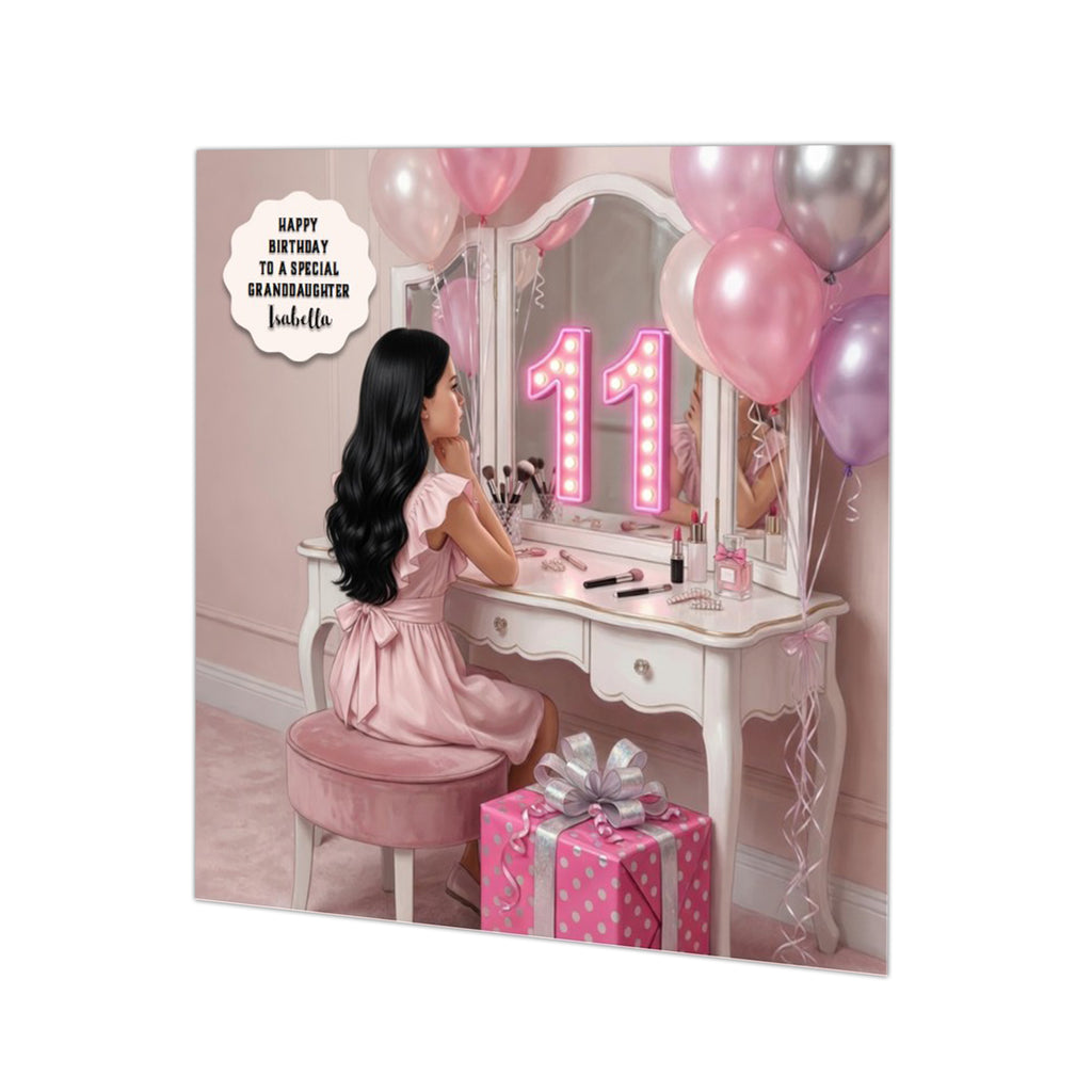 Personalised 11th Birthday Card - Girl at a Dressing Table - Black Hair