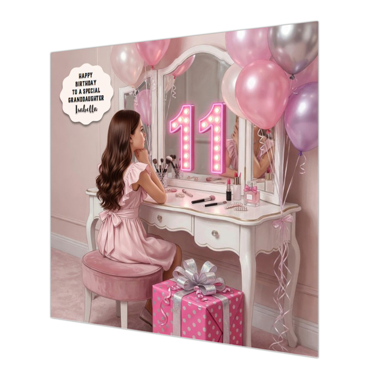 Personalised 11th Birthday Card - Girl at a Dressing Table - Brown Hair
