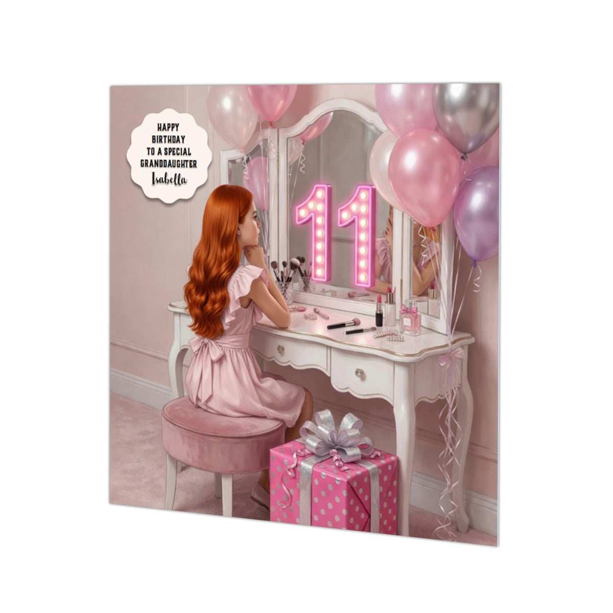 Personalised 11th Birthday Card - Girl at a Dressing Table - Ginger Hair