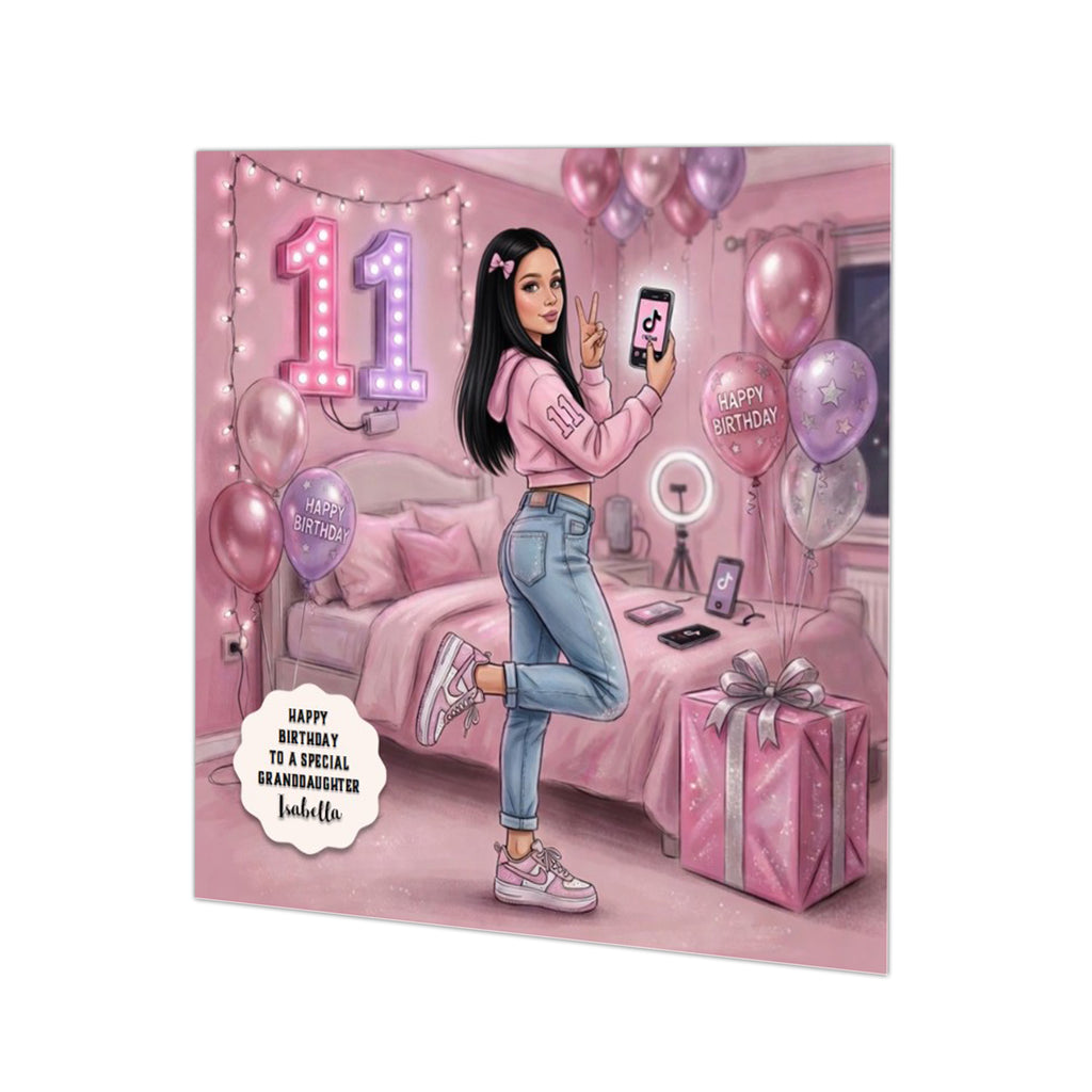 Personalised 11th Birthday Card - Girl Making a Video - Black Hair