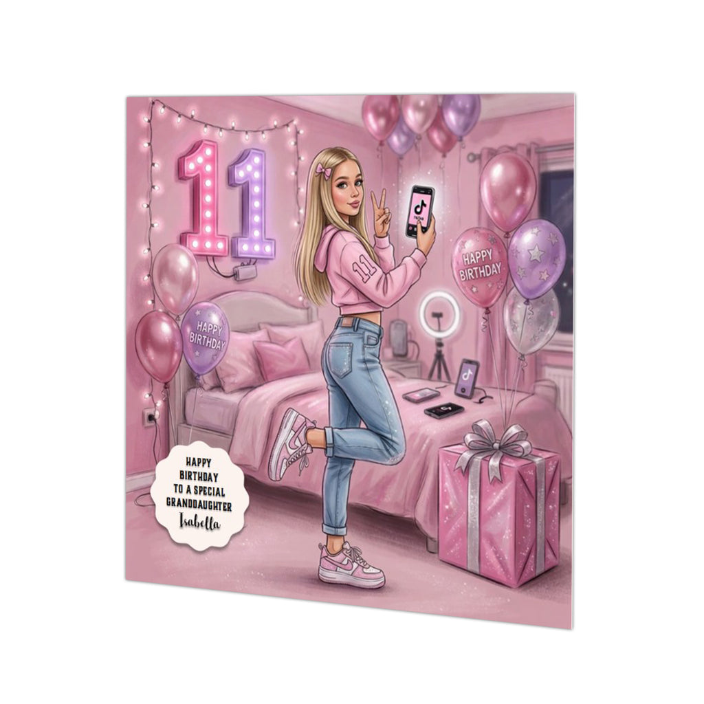 Personalised 11th Birthday Card - Girl Making a Video - Blonde Hair