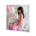 Personalised 11th Birthday Card - Girl in a Pink Dress with a Present - Black Hair