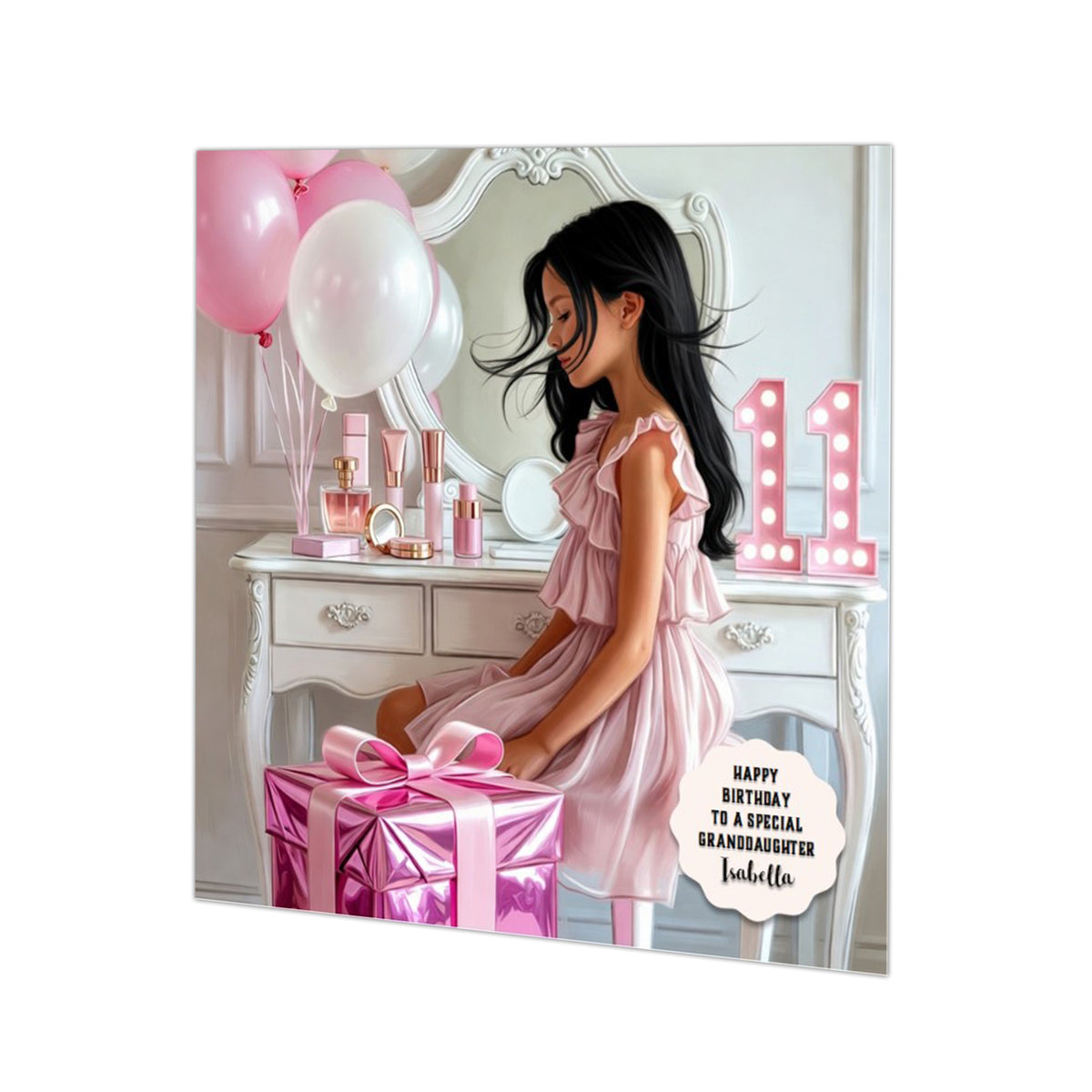 Personalised 11th Birthday Card - Girl in a Pink Dress with a Present - Black Hair