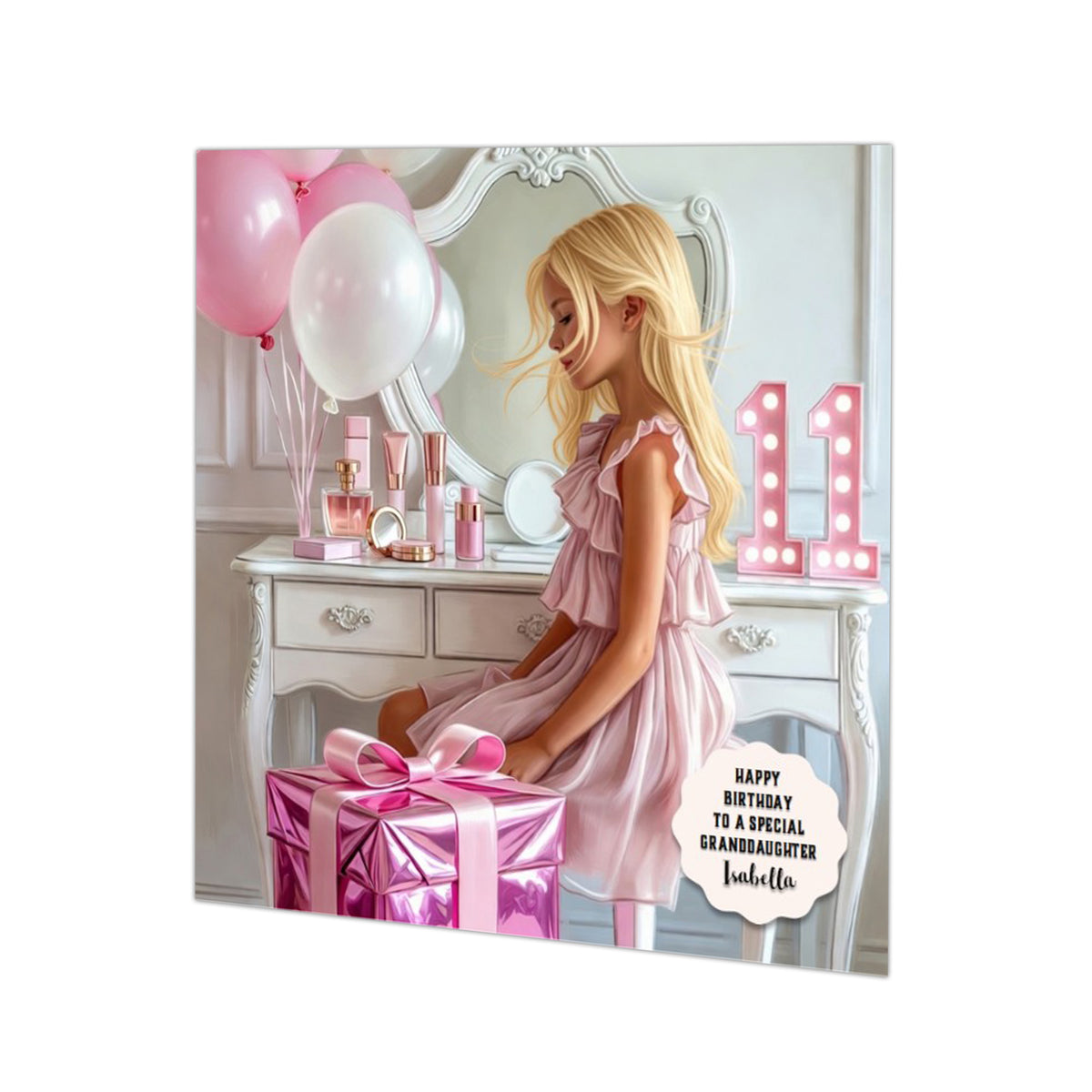 Personalised 11th Birthday Card - Girl in a Pink Dress with a Present - Blonde Hair