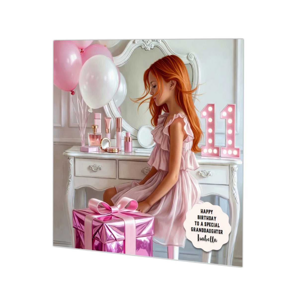 Personalised 11th Birthday Card - Girl in a Pink Dress with a Present - Ginger Hair
