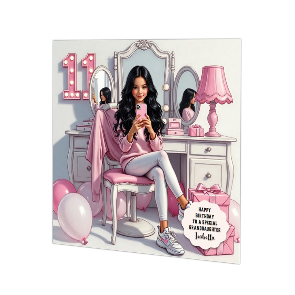 Personalised 11th Birthday Card - Girl Using a Phone at a Dressing Table - Black Hair