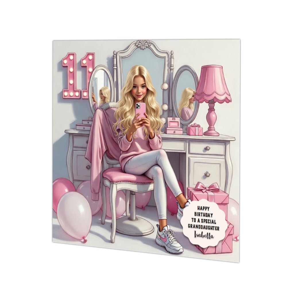 Personalised 11th Birthday Card - Girl Using a Phone at a Dressing Table - Blonde Hair