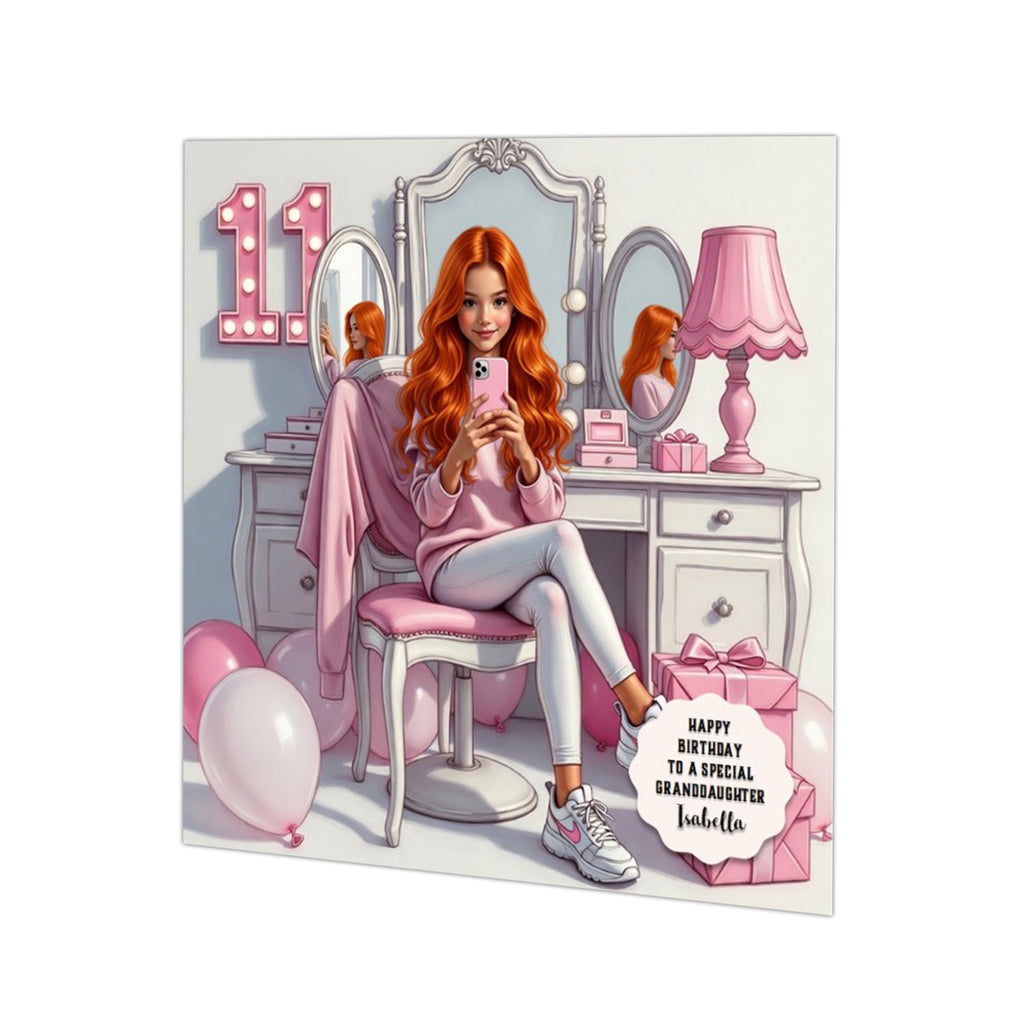 Personalised 11th Birthday Card - Girl Using a Phone at a Dressing Table - Ginger Hair