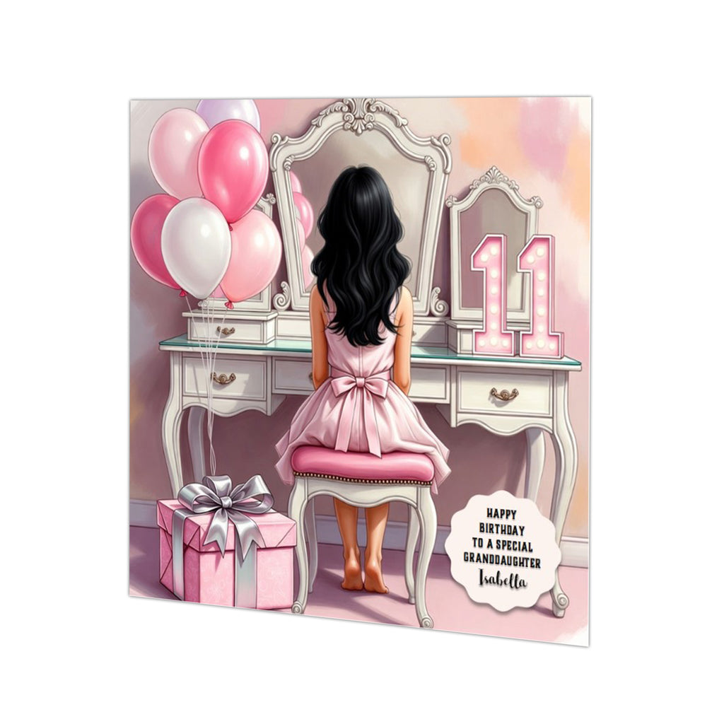 Personalised 11th Birthday Card - Girl at a Dressing Table - Black Hair