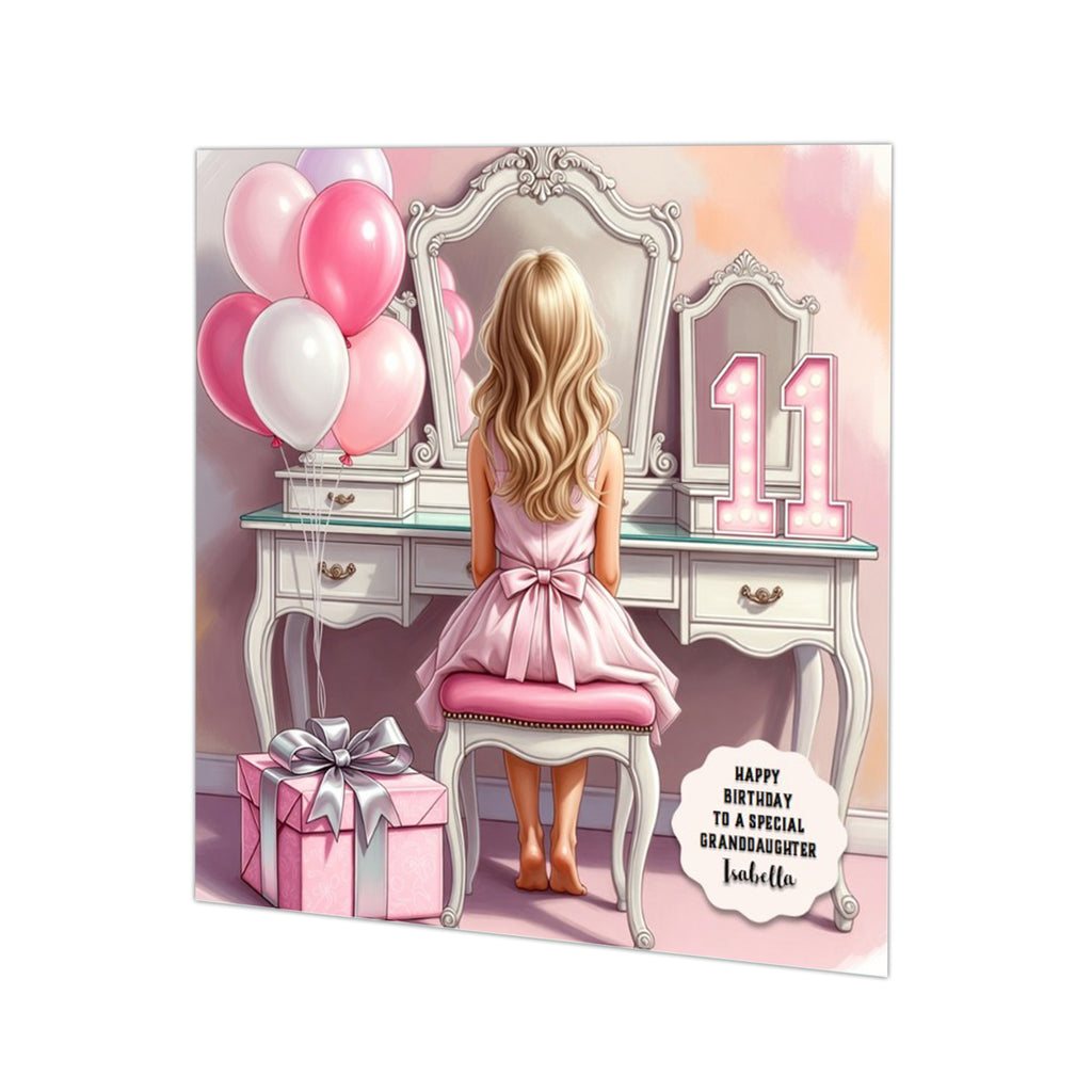 Personalised 11th Birthday Card - Girl at a Dressing Table - Blonde Hair