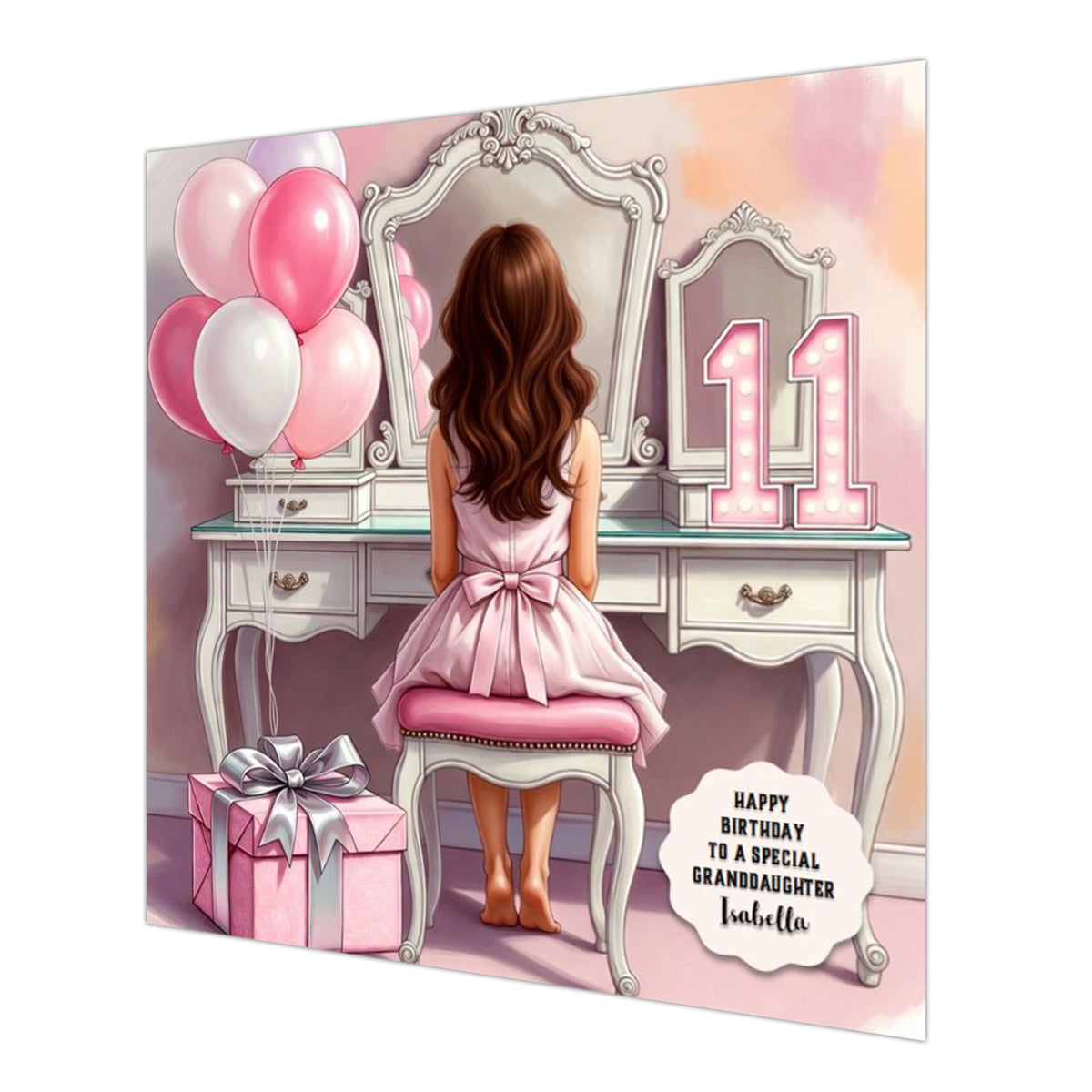 Personalised 11th Birthday Card - Girl at a Dressing Table - Brown Hair