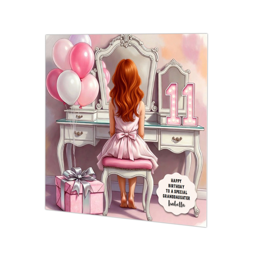 Personalised 11th Birthday Card - Girl at a Dressing Table - Ginger Hair