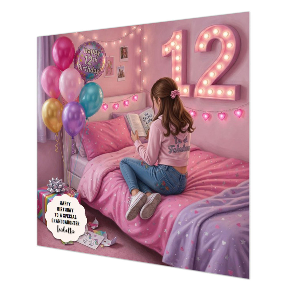 Personalised 12th Birthday Card - Girl Reading on a Bed - Brown Hair