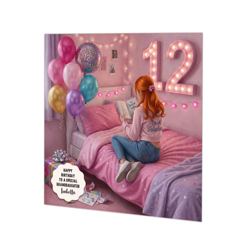 Personalised 12th Birthday Card - Girl Reading on a Bed - Ginger Hair