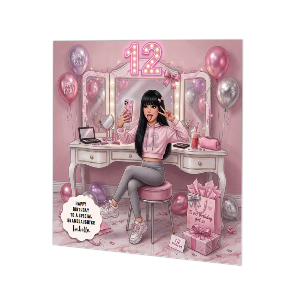 Personalised 12th Birthday Card - Girl Taking a Selfie - Black Hair