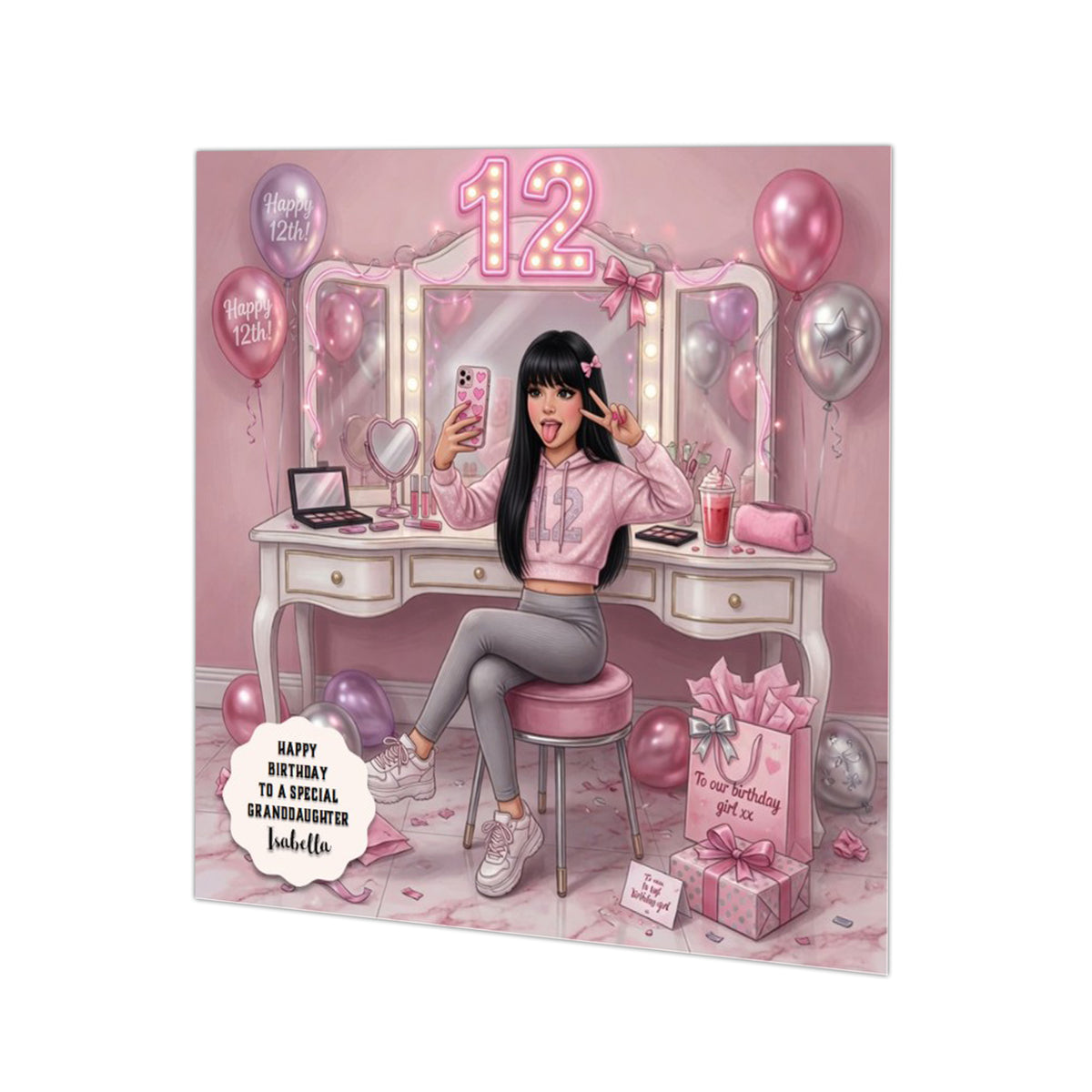 Personalised 12th Birthday Card - Girl Taking a Selfie - Black Hair
