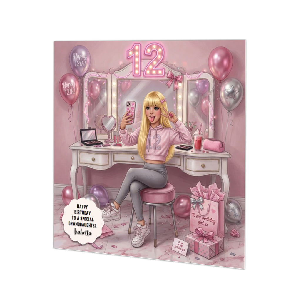 Personalised 12th Birthday Card - Girl Taking a Selfie - Blonde Hair