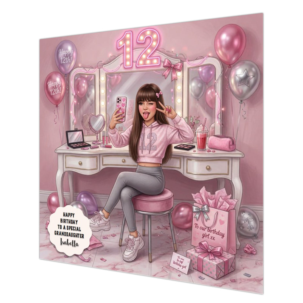 Personalised 12th Birthday Card - Girl Taking a Selfie - Brown Hair