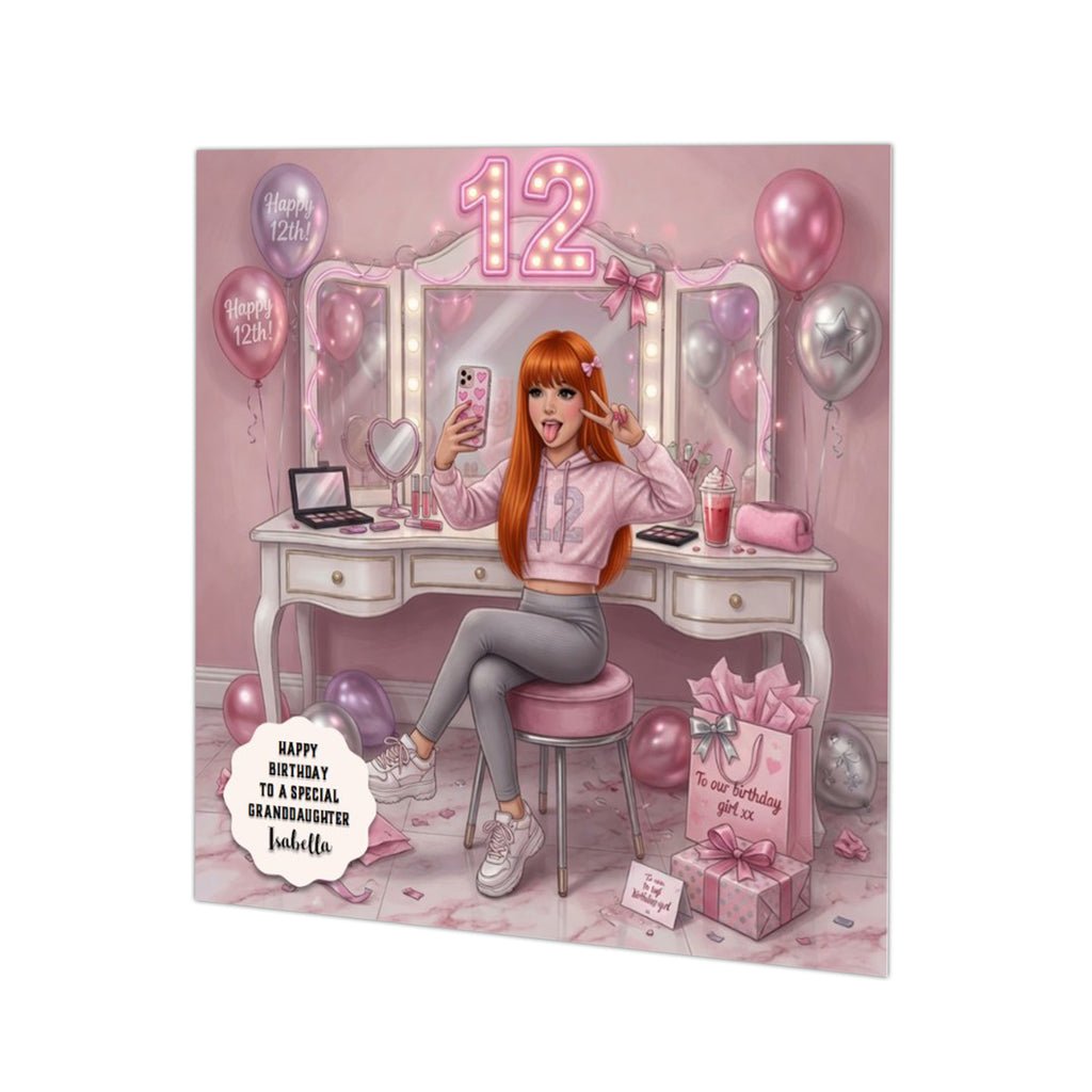 Personalised 12th Birthday Card - Girl Taking a Selfie - Ginger Hair
