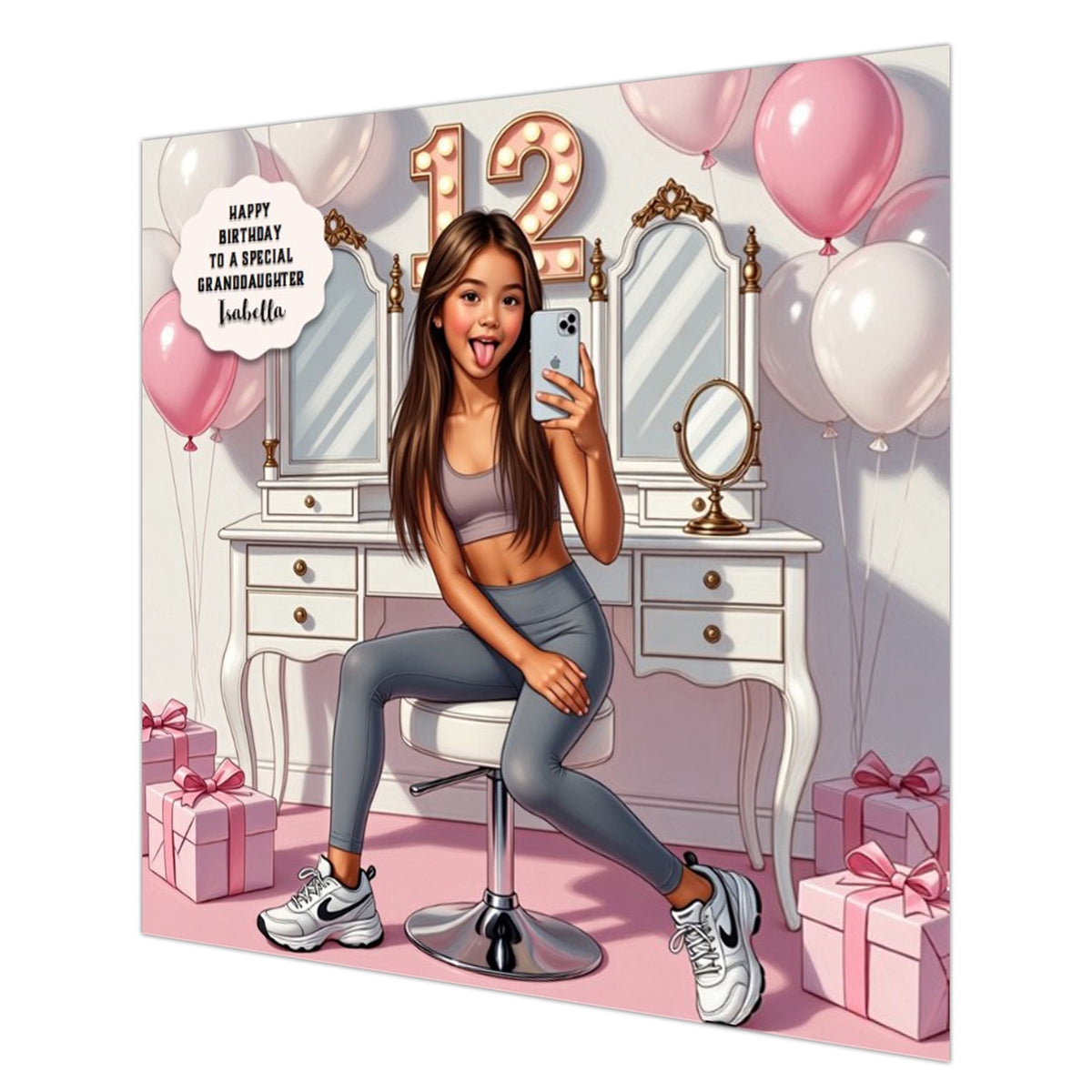 Personalised 12th Birthday Card - Girl Taking a Selfie - Brown Hair