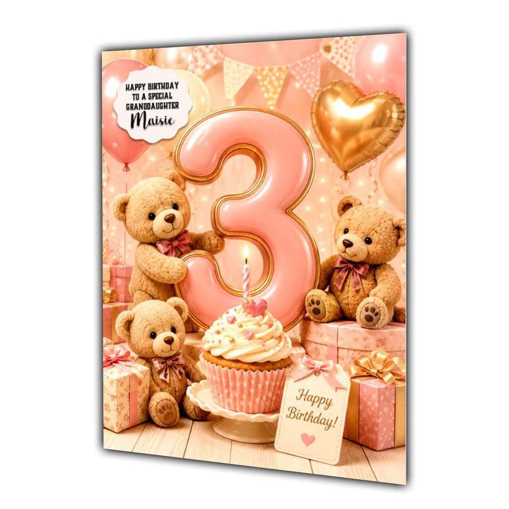 3rd Birthday Card Teddy Bear Girl Granddaughter Daughter Large A5 Size