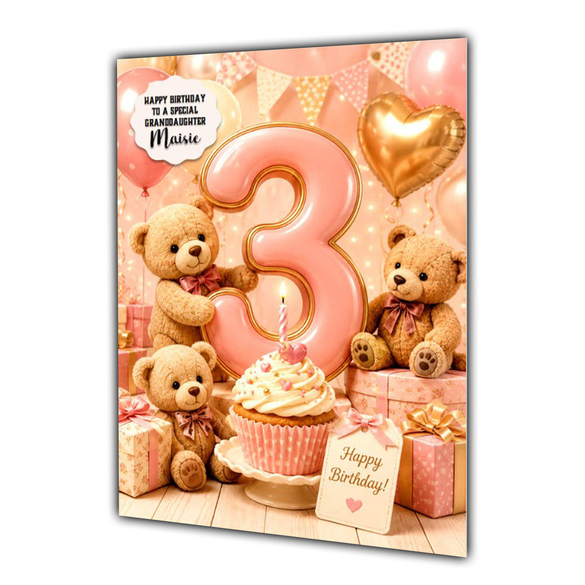 3rd Birthday Card Teddy Bear Girl Granddaughter Daughter Large A5 Size