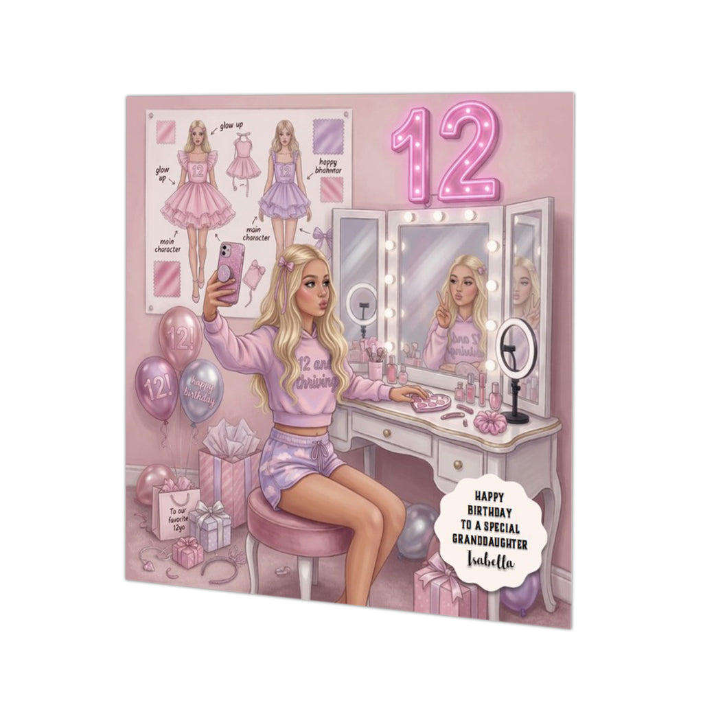 Personalised 12th Birthday Card - Girl Taking a Selfie at a Dressing Table - Blonde Hair