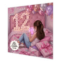 Personalised 12th Birthday Card - Girl Using a Phone on a Bed - Brown Hair