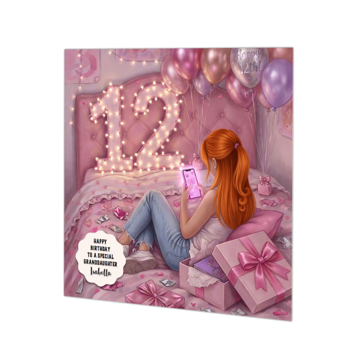 Personalised 12th Birthday Card - Girl Using a Phone on a Bed - Ginger Hair
