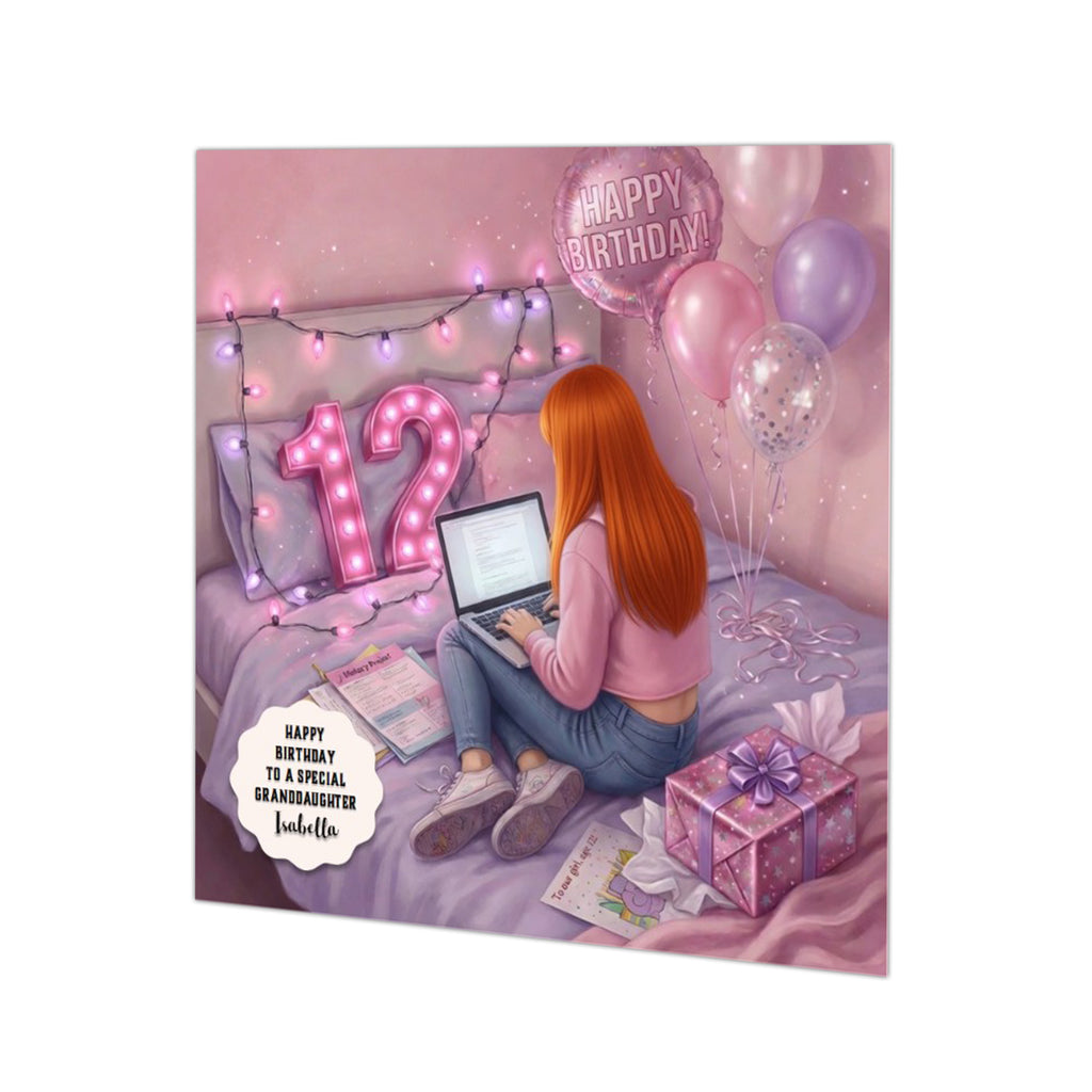 Personalised 12th Birthday Card - Girl Using a Laptop - Ginger Hair