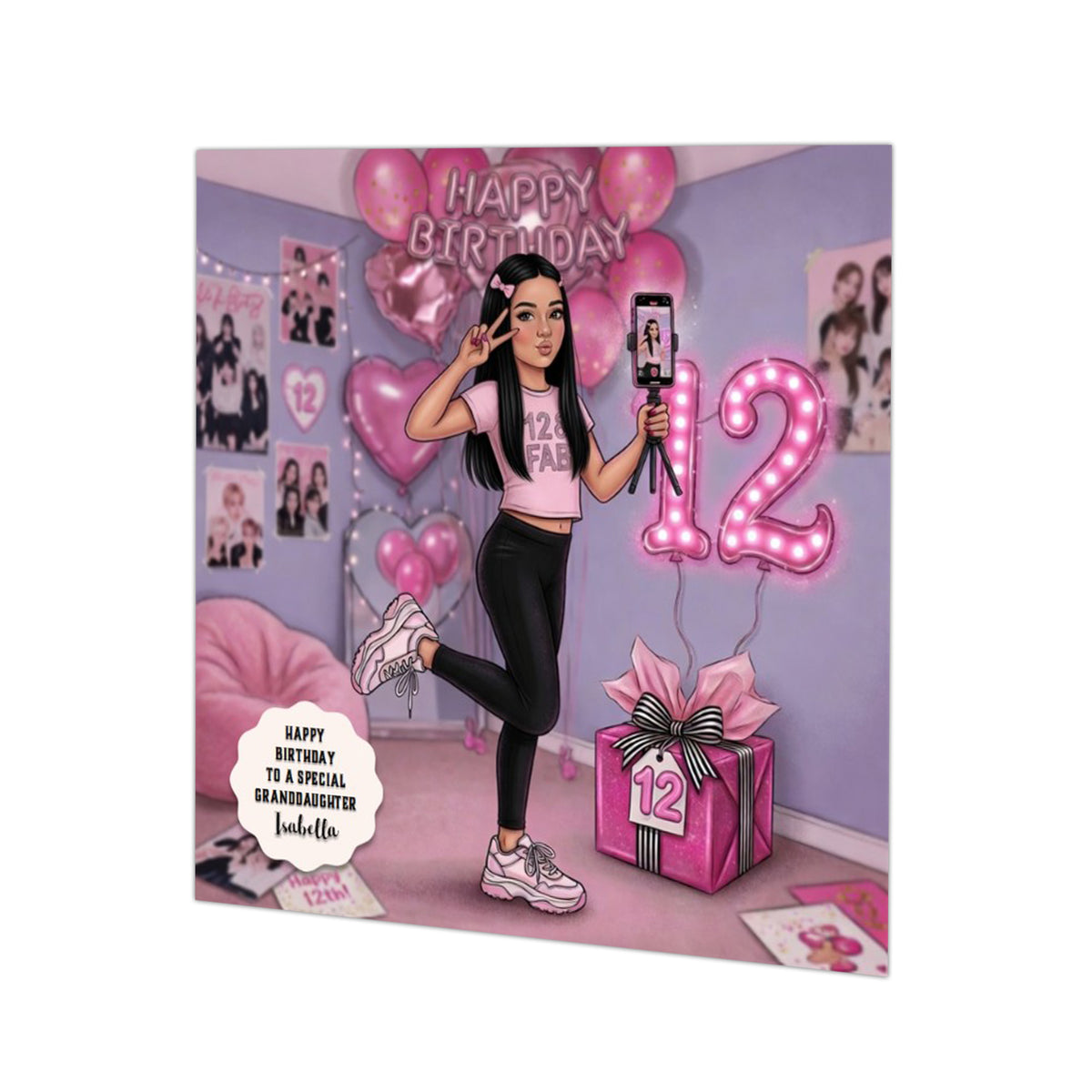 Personalised 12th Birthday Card - Girl Making a Video - Black Hair