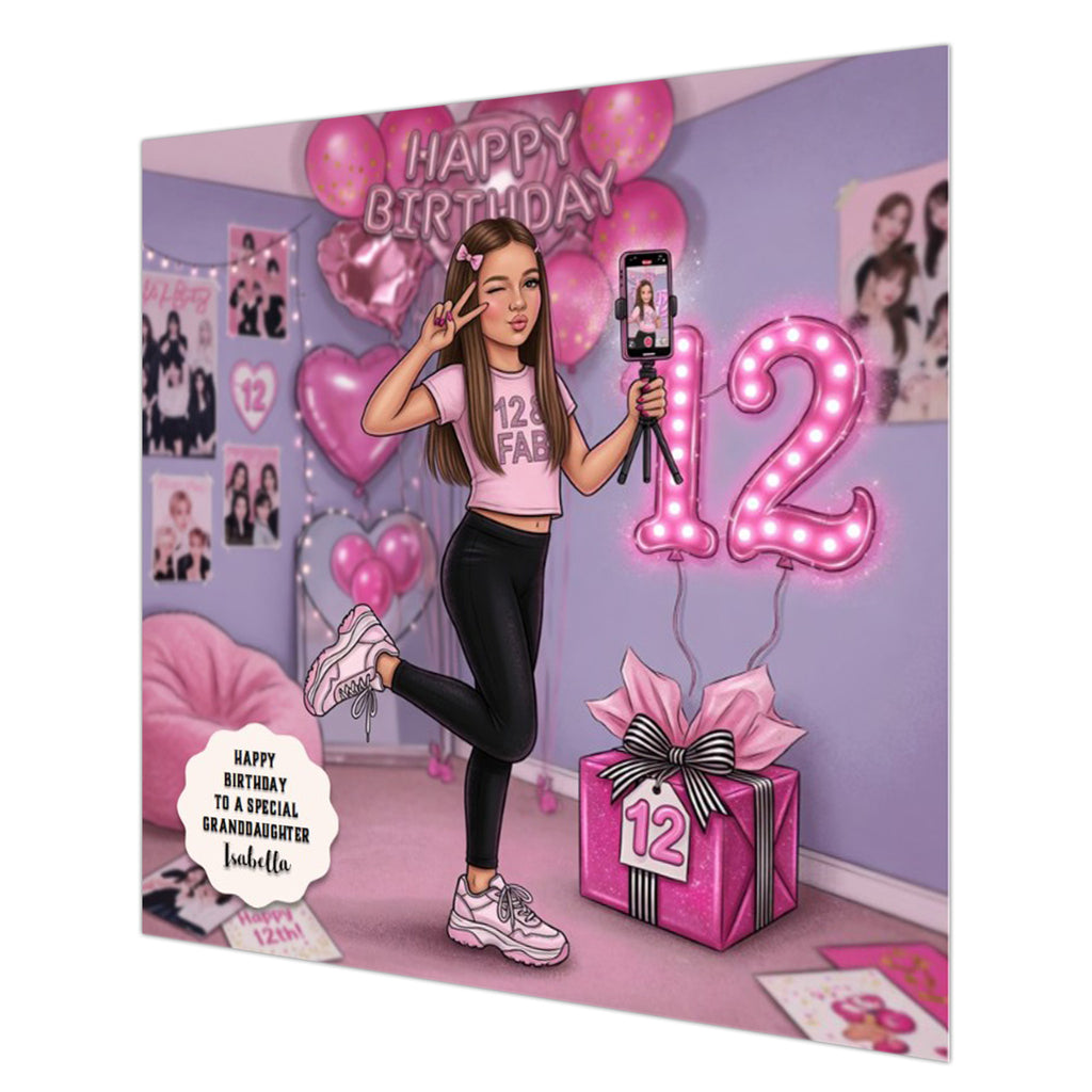 Personalised 12th Birthday Card - Girl Making a Video - Brown Hair