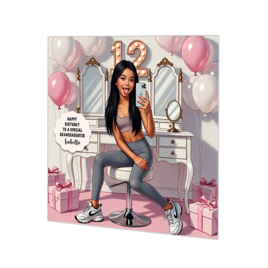 Personalised 12th Birthday Card - Girl Taking a Selfie - Black Hair