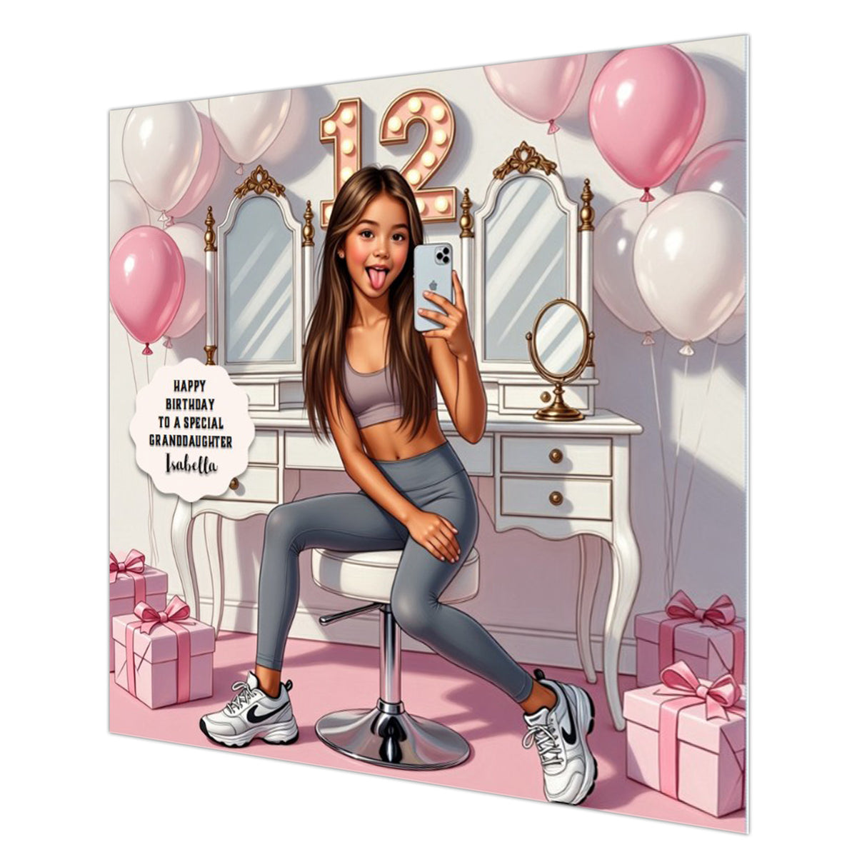 Personalised 12th Birthday Card - Girl Taking a Selfie - Brown Hair