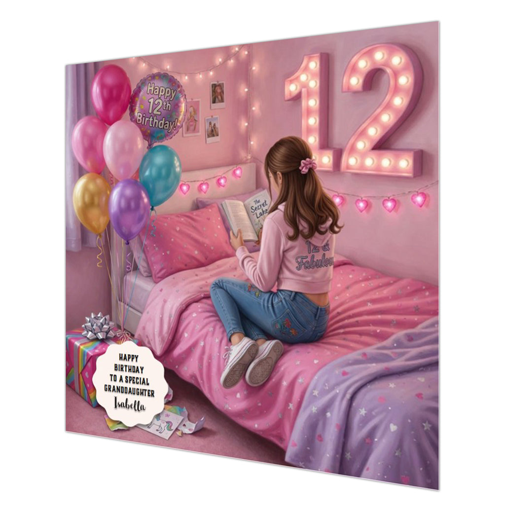Personalised 12th Birthday Card - Girl Reading on a Bed - Brown Hair