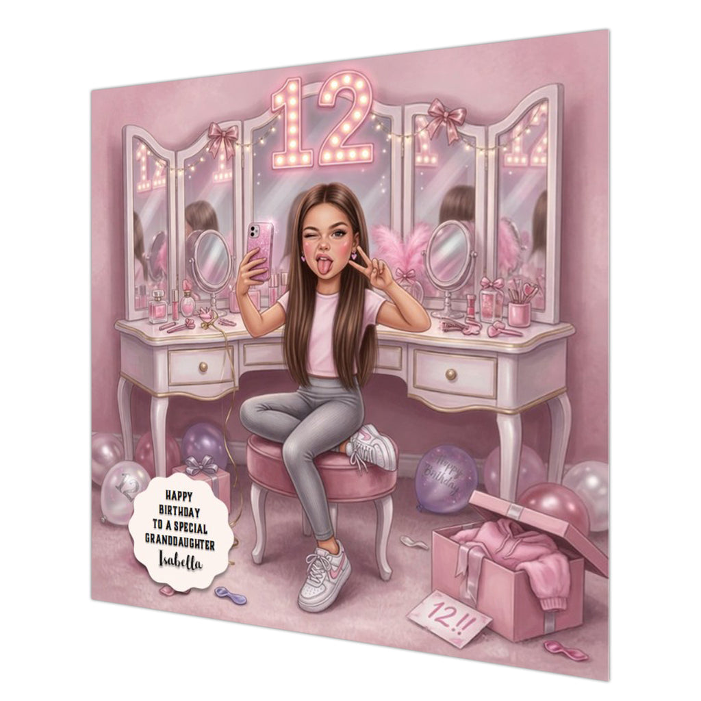 Personalised 12th Birthday Card - Girl Taking a Selfie - Brown Hair