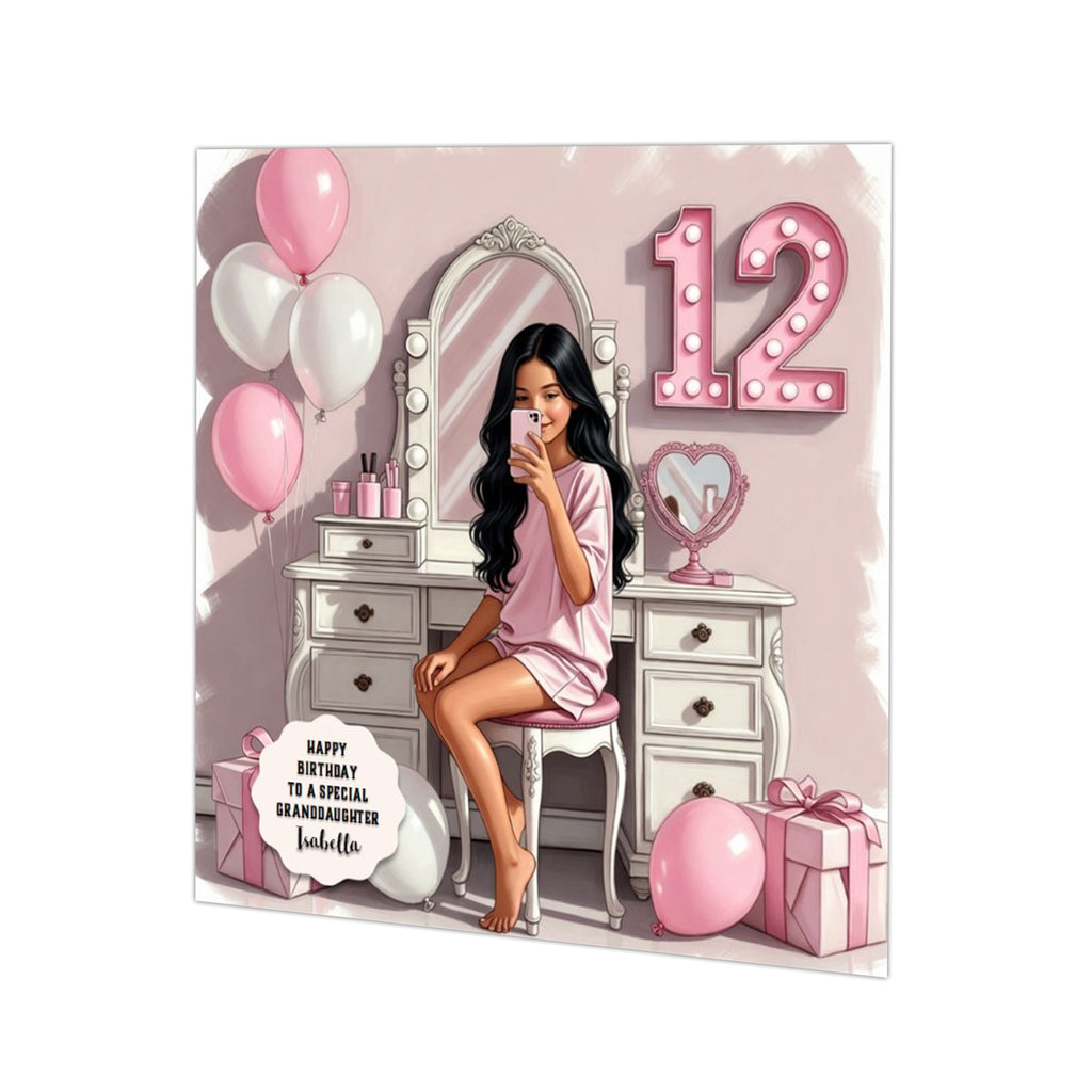 Personalised 12th Birthday Card - Girl in a Pink Dress - Black Hair