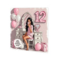 Personalised 12th Birthday Card - Girl in a Pink Dress - Black Hair