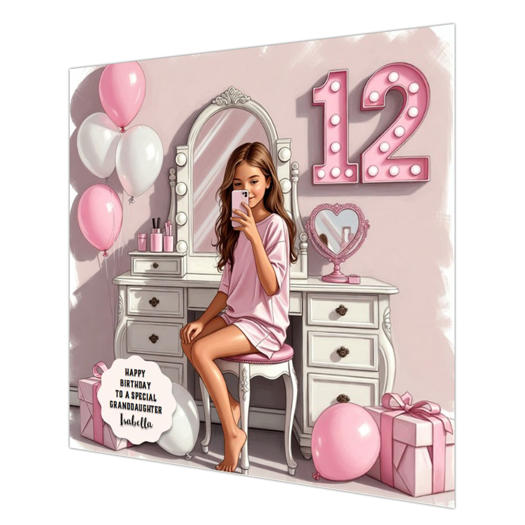 Personalised 12th Birthday Card - Girl in a Pink Dress - Brown Hair