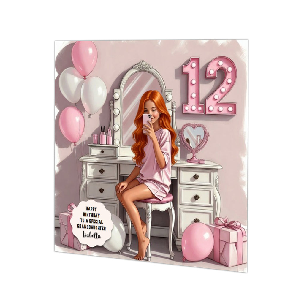 Personalised 12th Birthday Card - Girl in a Pink Dress - Ginger Hair