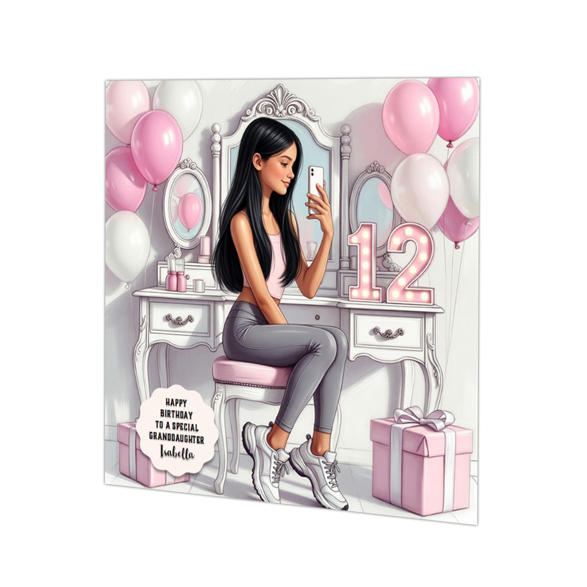 Personalised 12th Birthday Card - Girl Taking a Selfie - Black Hair