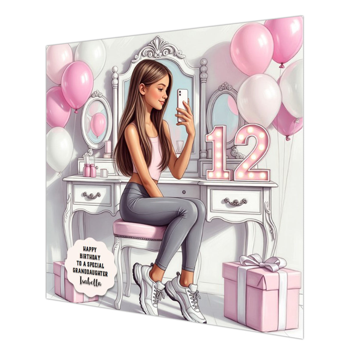 Personalised 12th Birthday Card - Girl Taking a Selfie - Brown Hair
