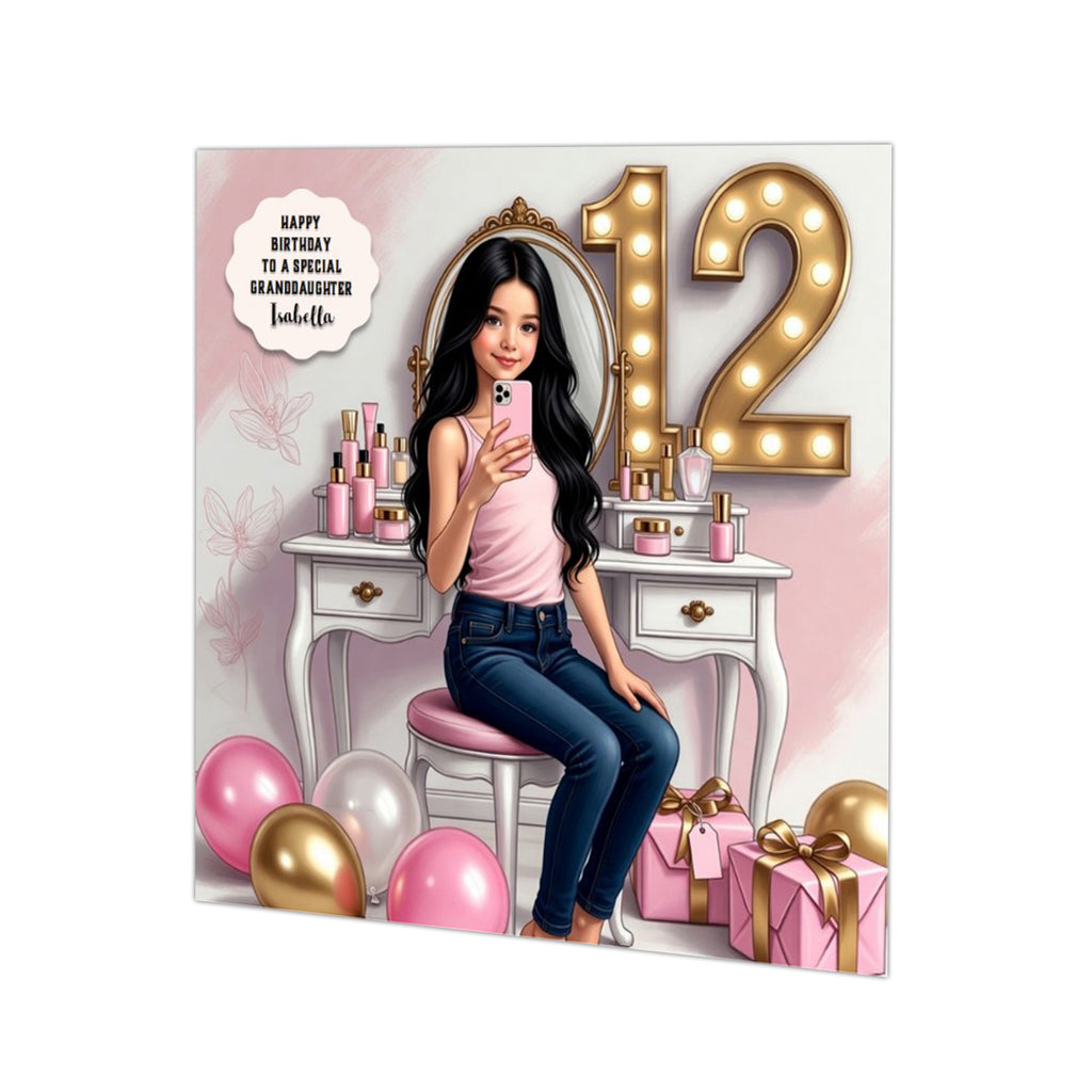 Personalised 12th Birthday Card - Girl Taking a Selfie - Black Hair