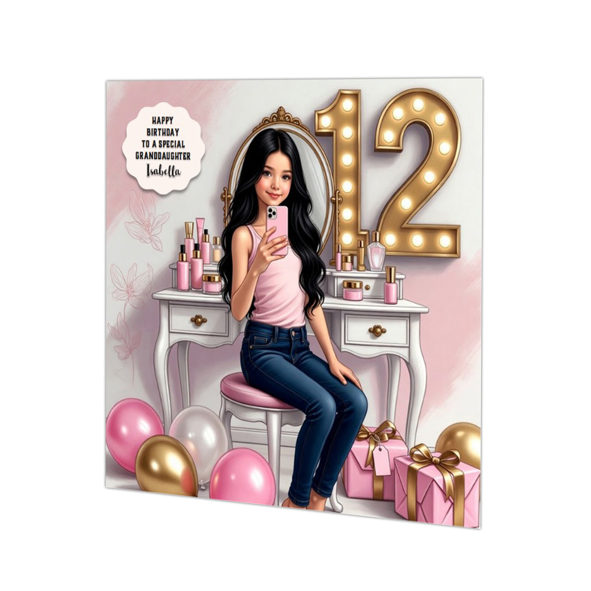 Personalised 12th Birthday Card - Girl Taking a Selfie - Black Hair