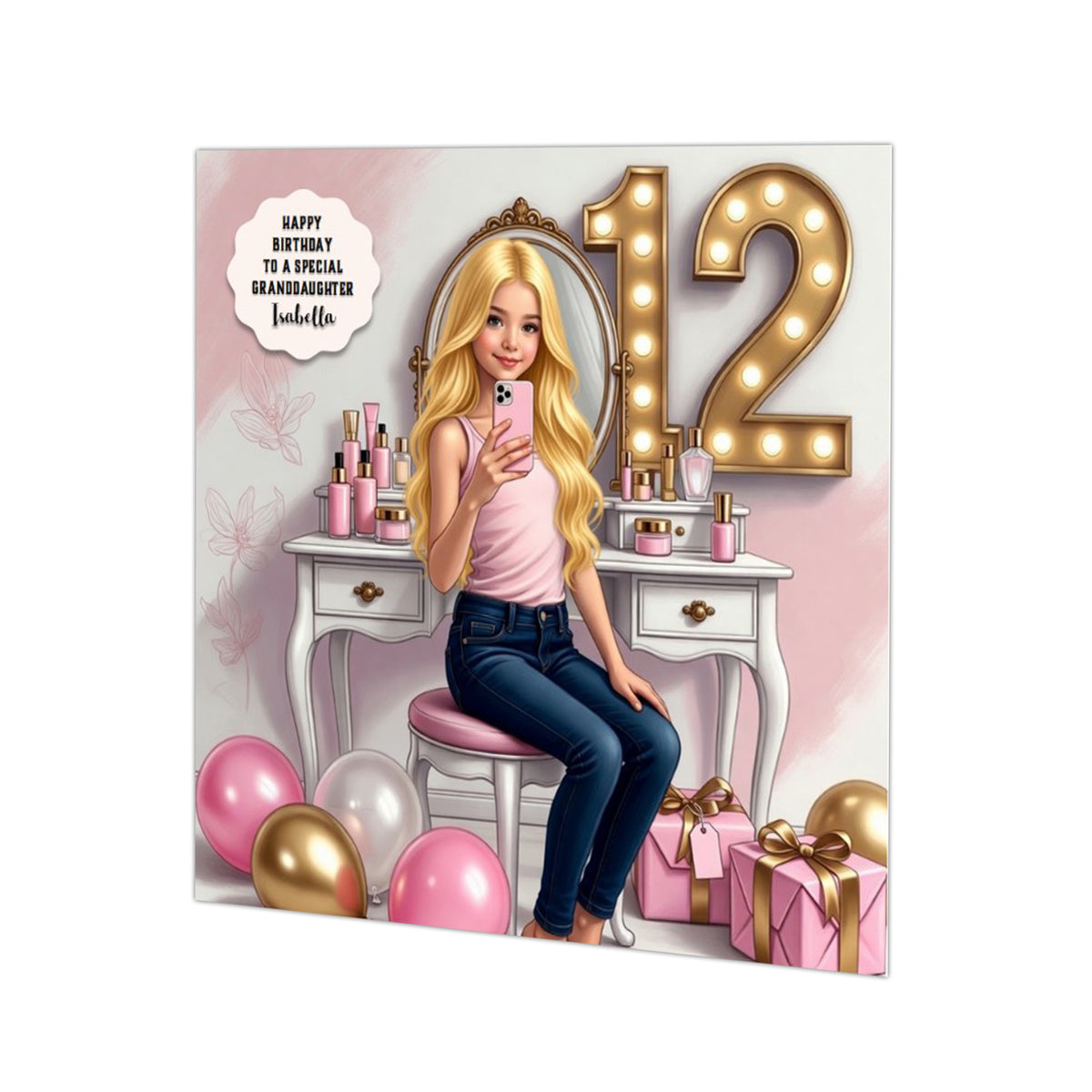Personalised 12th Birthday Card - Girl Taking a Selfie - Blonde Hair