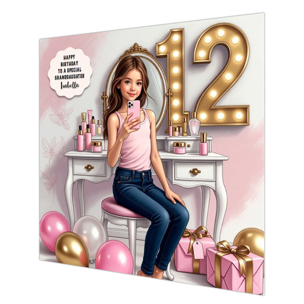 Personalised 12th Birthday Card - Girl Taking a Selfie - Brown Hair