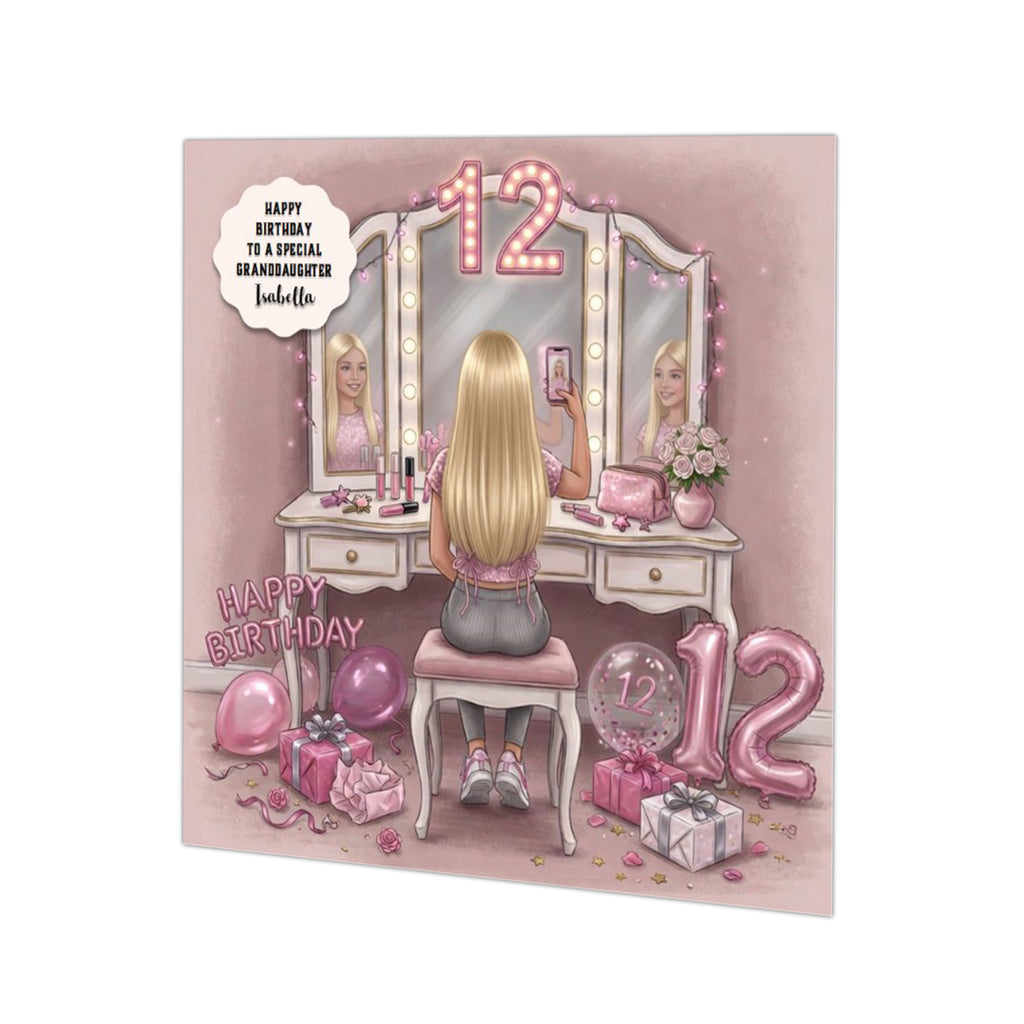 Personalised 12th Birthday Card - Girl at a Dressing Table - Blonde Hair