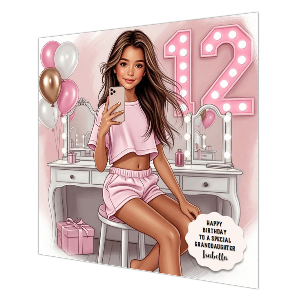 Personalised 12th Birthday Card - Girl Taking a Selfie - Brown Hair