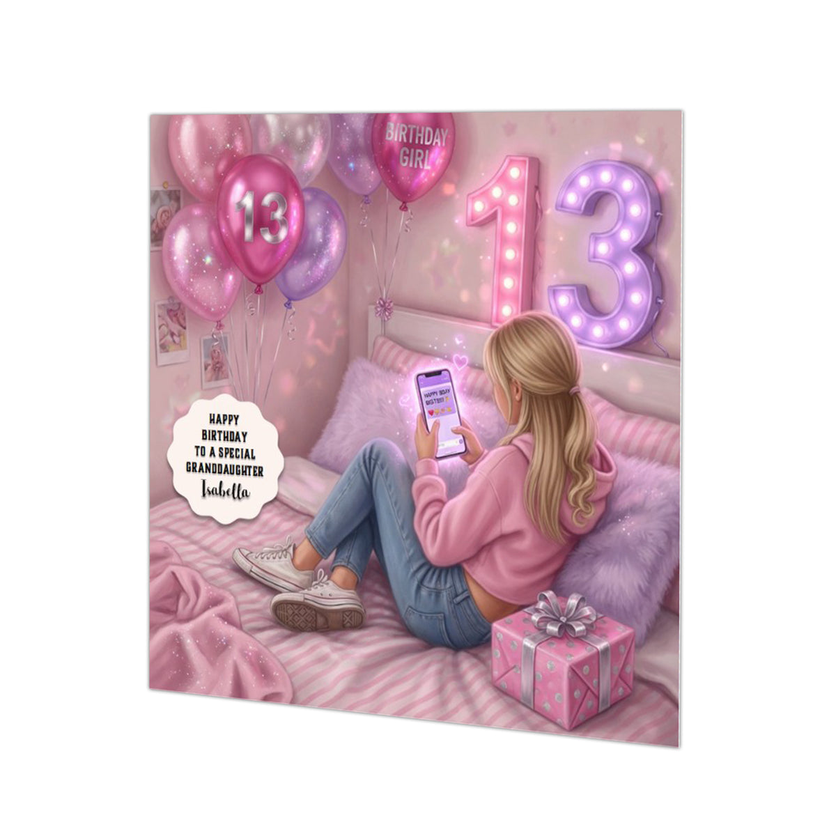 Personalised 13th Birthday Card - Girl Using a Phone on a Bed - Blonde Hair